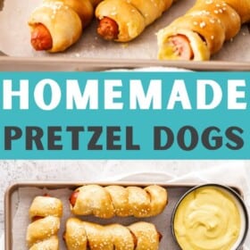 pretzel dogs on a tray.