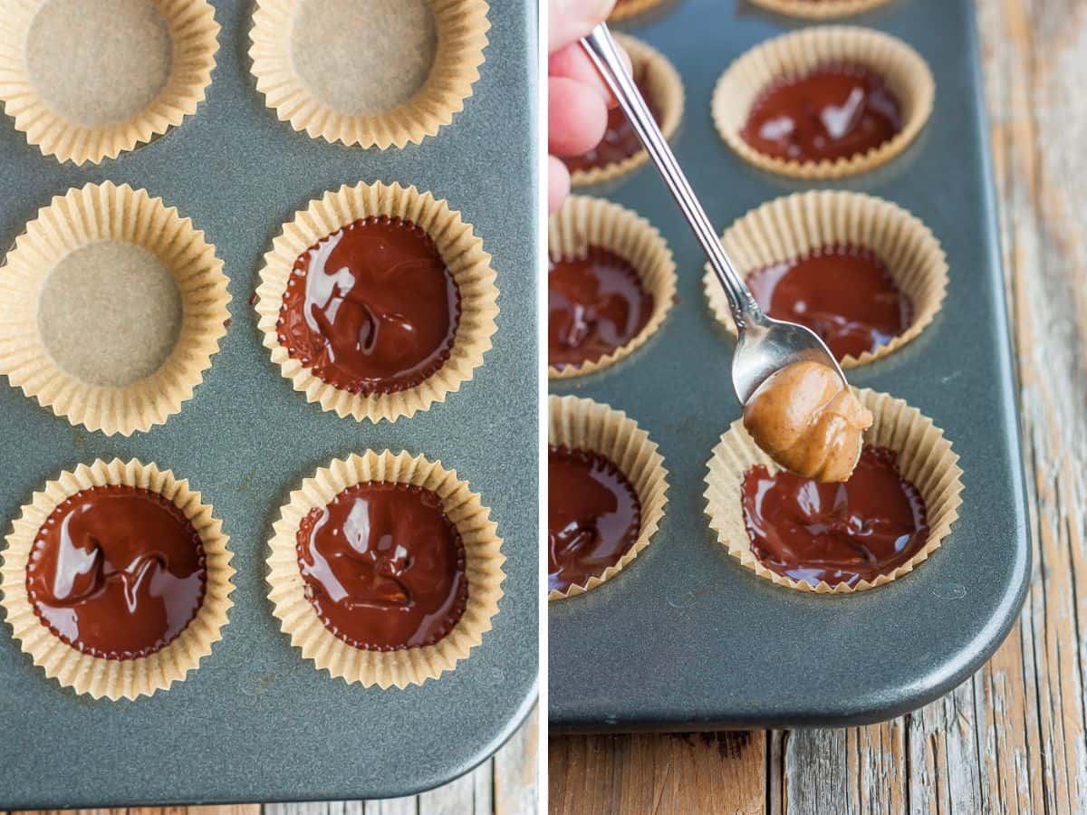 two photos showing the process of spreading chocolate in a mini muffin tray.