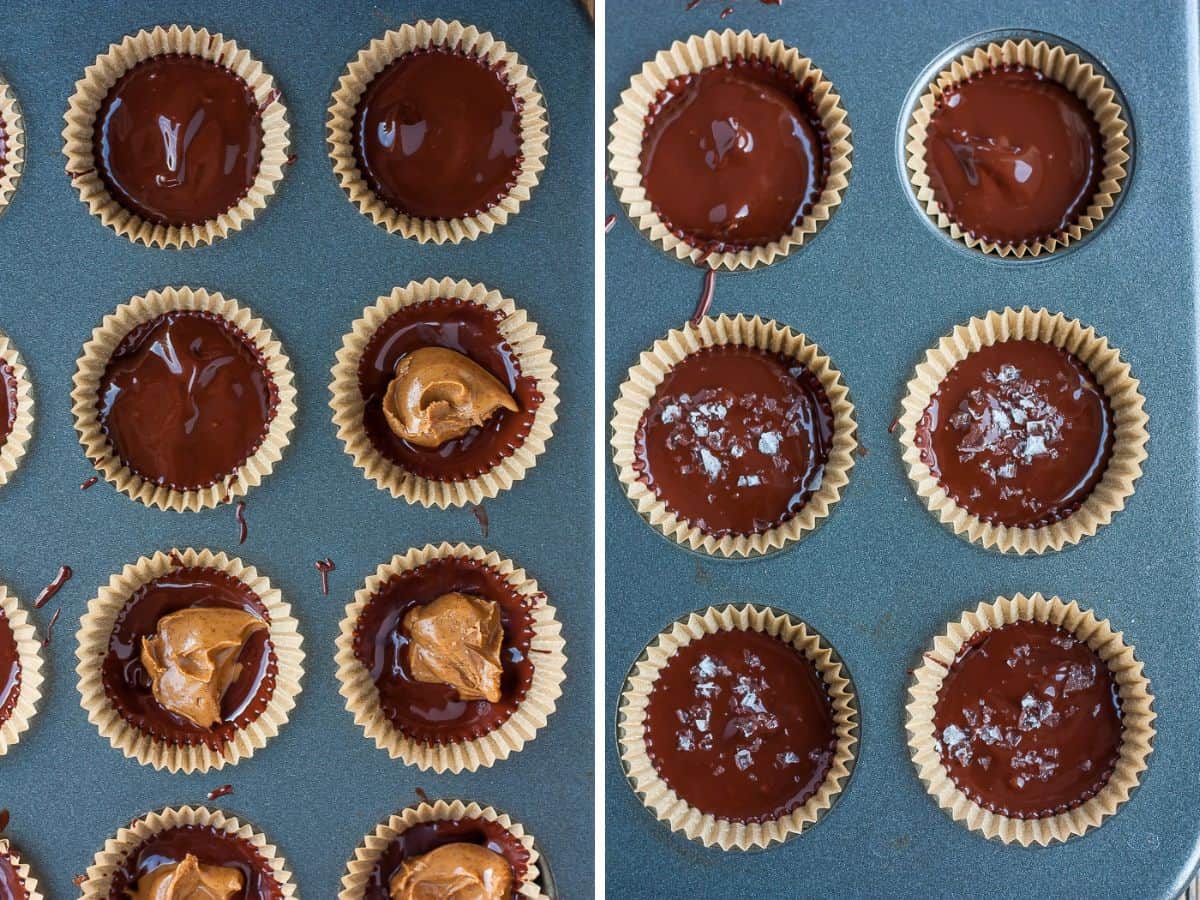 two photos showing the process of making homemade almond butter cups.