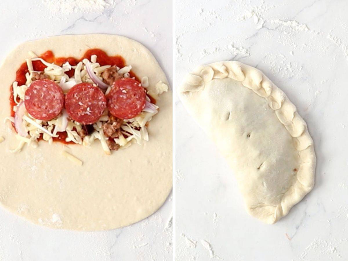 2 photos showing the process of assembling pizza pockets.