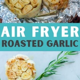 heads of air fryer roasted garlic on a marbled board with sprigs of fresh thyme.