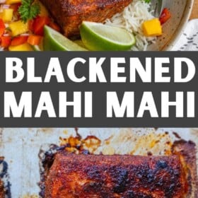 a plate with a piece of blackened mahi mahi topped with mango salsa.