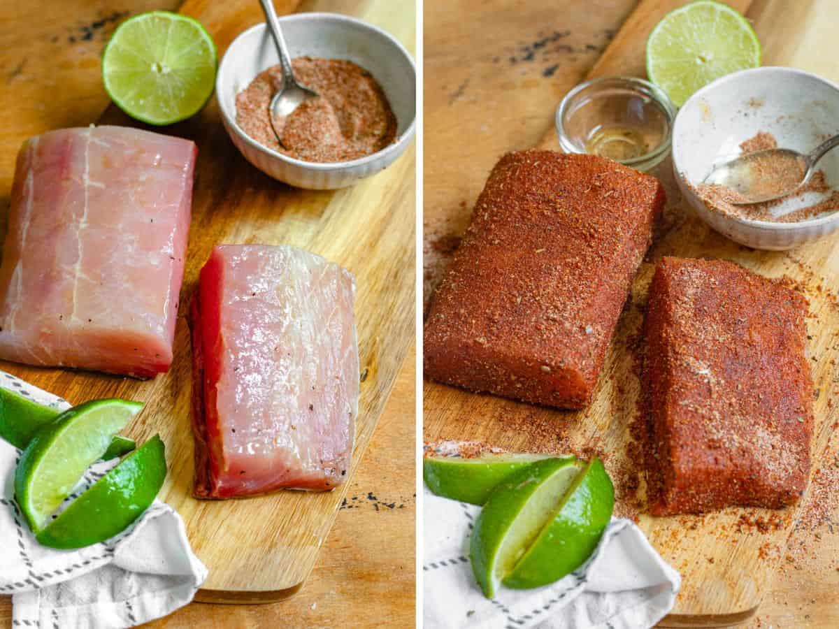 two photos showing the process of seasoning raw fish.