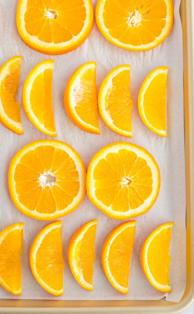 citrus slices on a baking sheet.