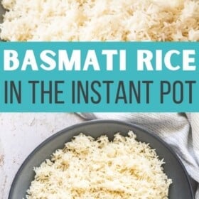 a grey bowl with Instant Pot basmati rice with a gold spoon and parsley on the side.