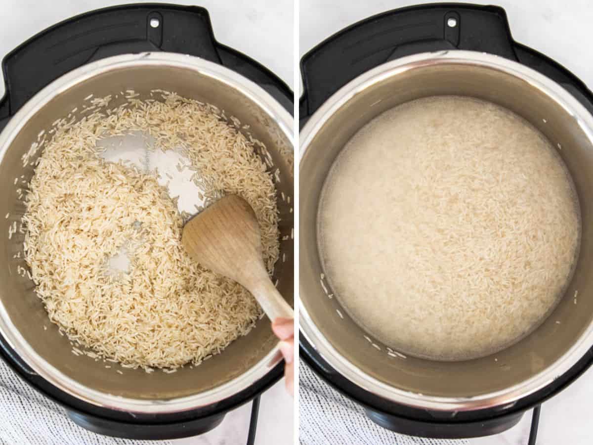 two photos showing the process of making rice in a pressure cooker.