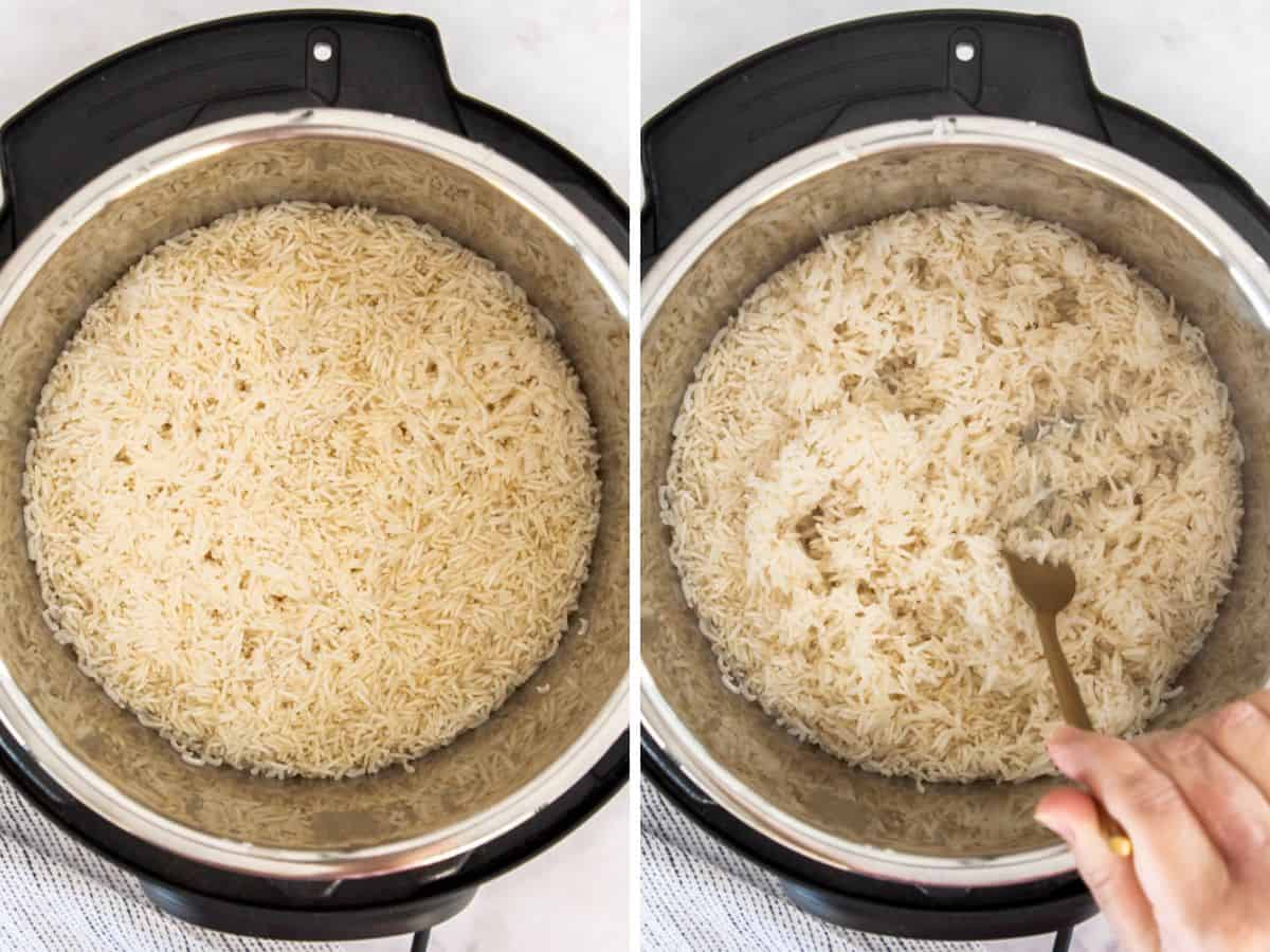 two photos showing the process of making rice in a pressure cooker.