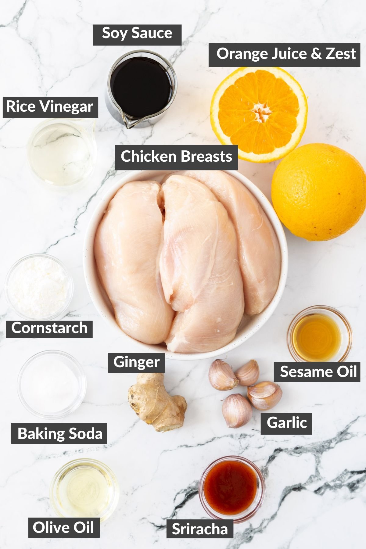 Ingredients on a marbled board.