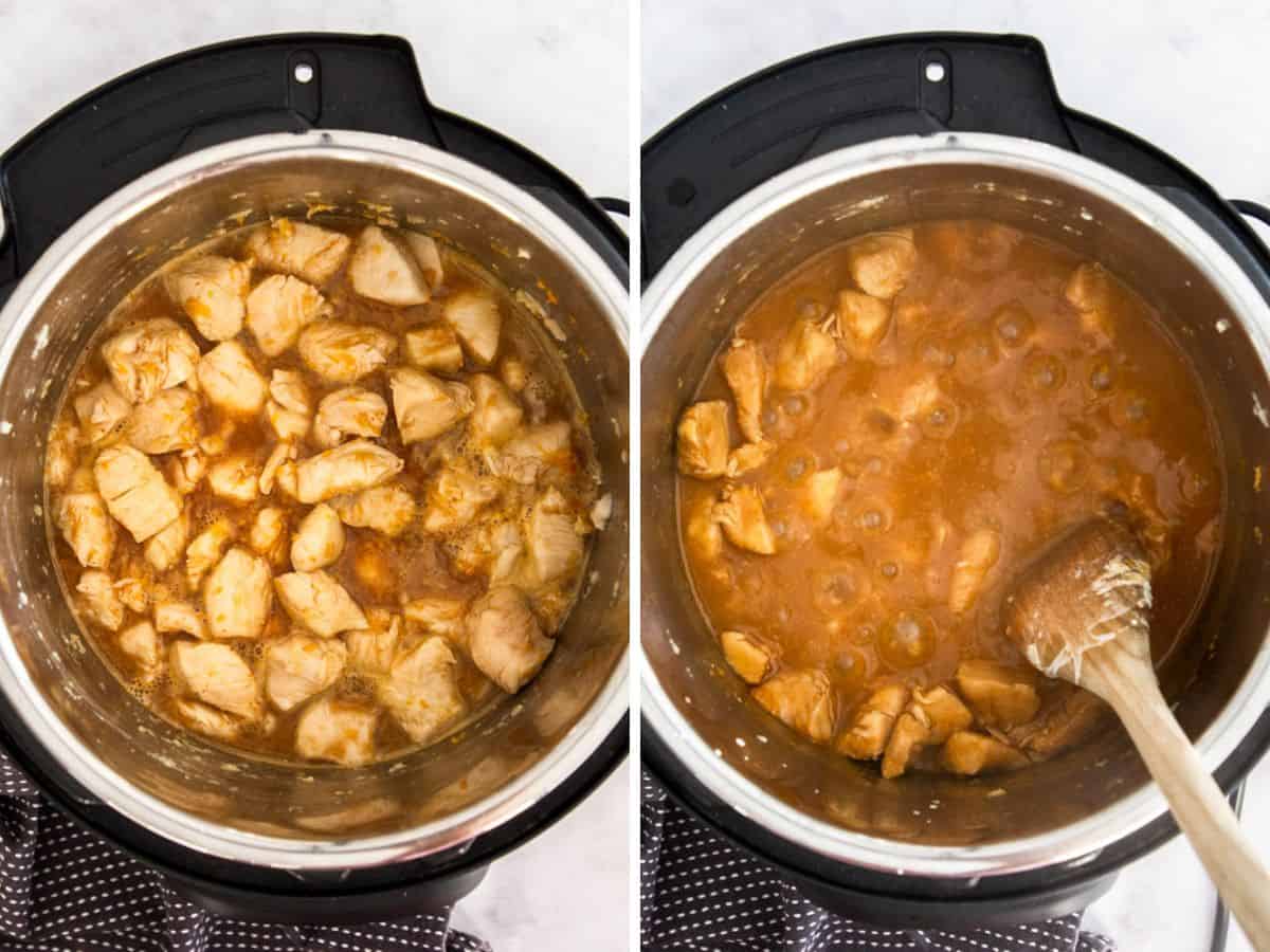 two photos showing how to make a chicken recipe in the Instant Pot.