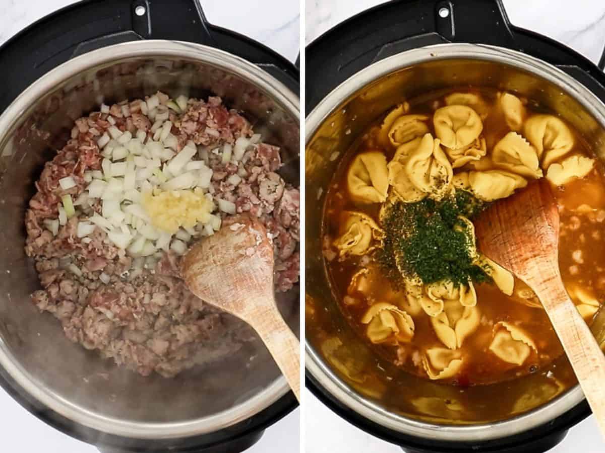 two photos showing how to make soup in a pressure cooker.