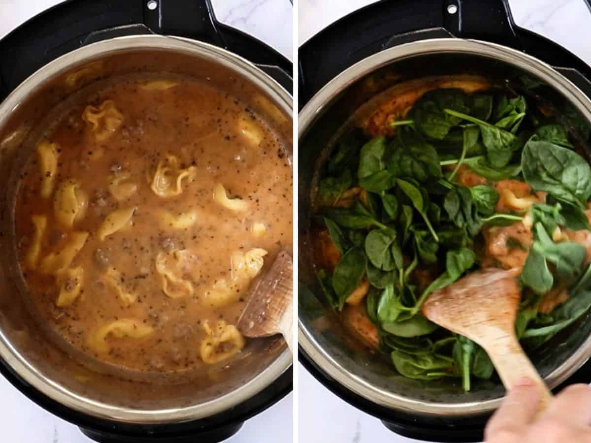 two photos showing how to make soup in a pressure cooker.