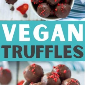 a white bowl of vegan chocolate truffles topped with freeze-dried strawberries.