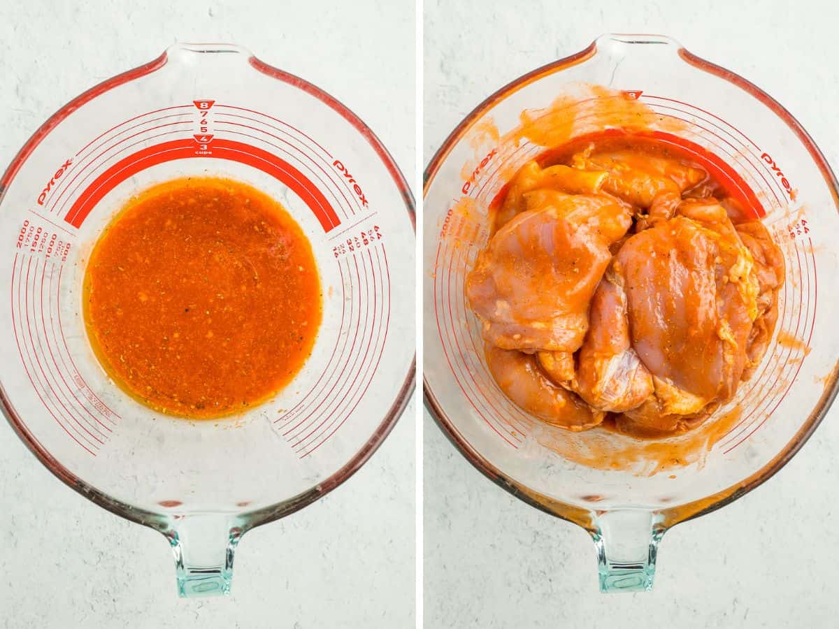 two photos showing chicken marinading in a. glass bowl.