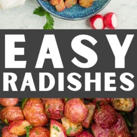 a teal plate with air fryer roasted radishes, fresh radishes, and a small dish of salt.