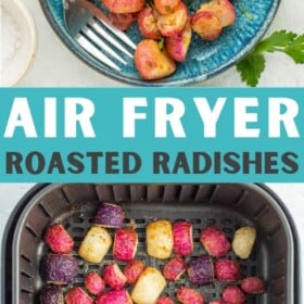 a teal plate with air fryer roasted radishes, fresh radishes, and a small dish of salt.
