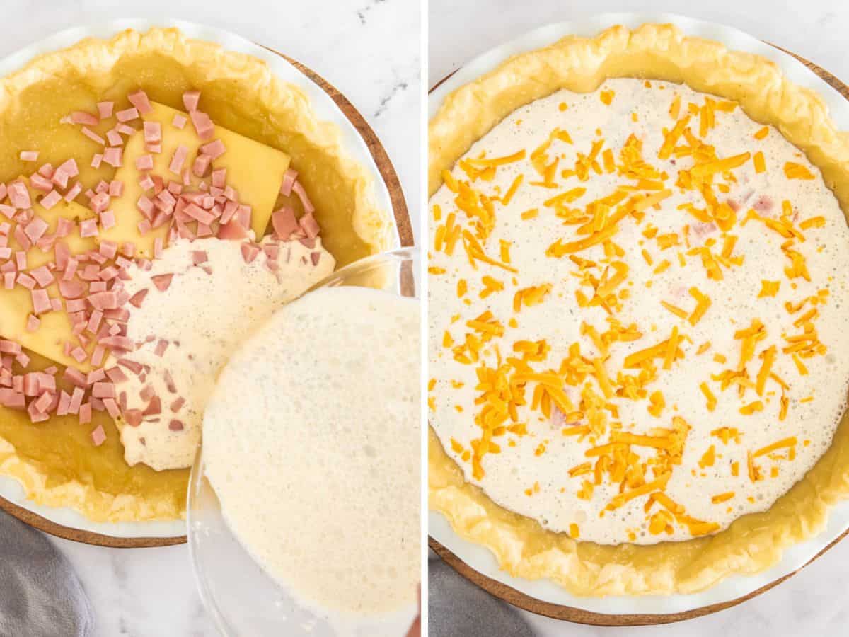 Two photos showing the process of filling crust to make a quiche.
