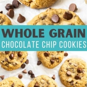 whole wheat chocolate chip cookies on a baking sheet with a small bowl of chocolate chips.