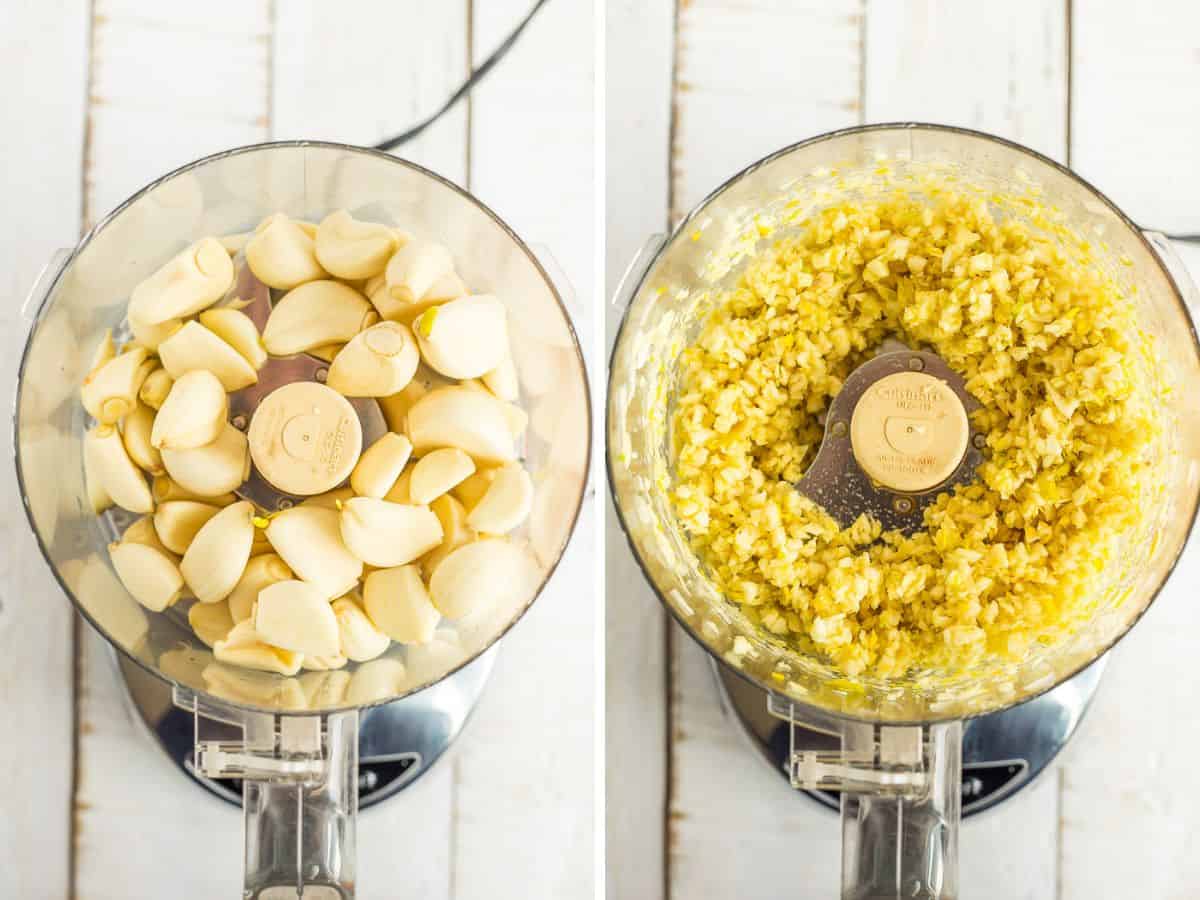 two photos of a food processor showing the process of chopping garlic.