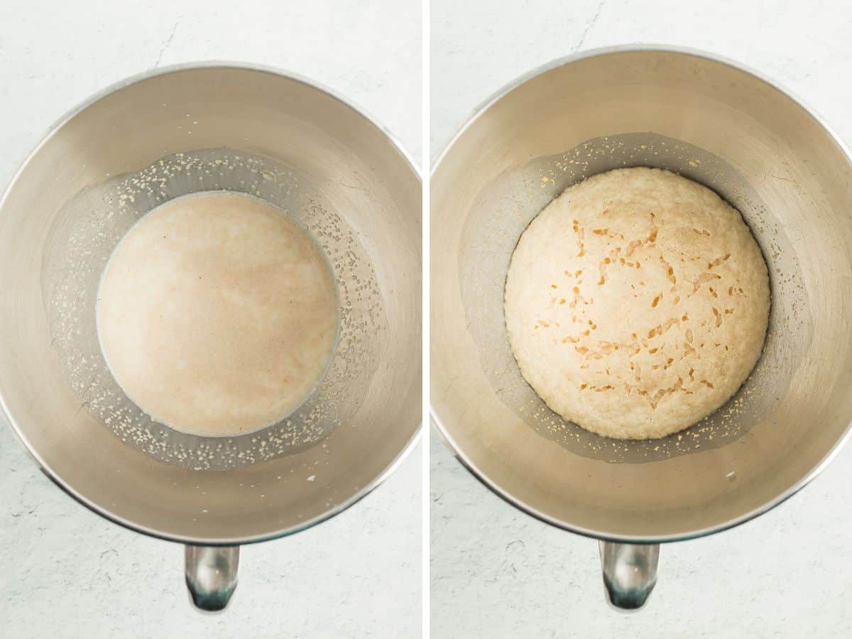 Two photos showing yeast proofing in a mixing bowl.