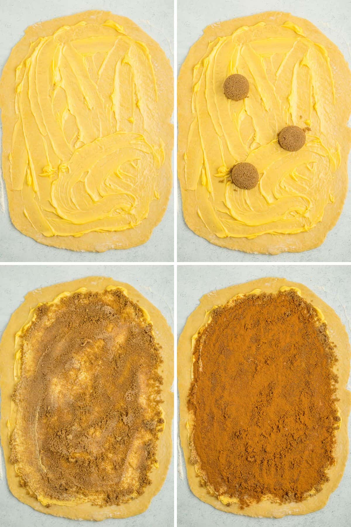4 photos showing the process of rolling out brioche dough.