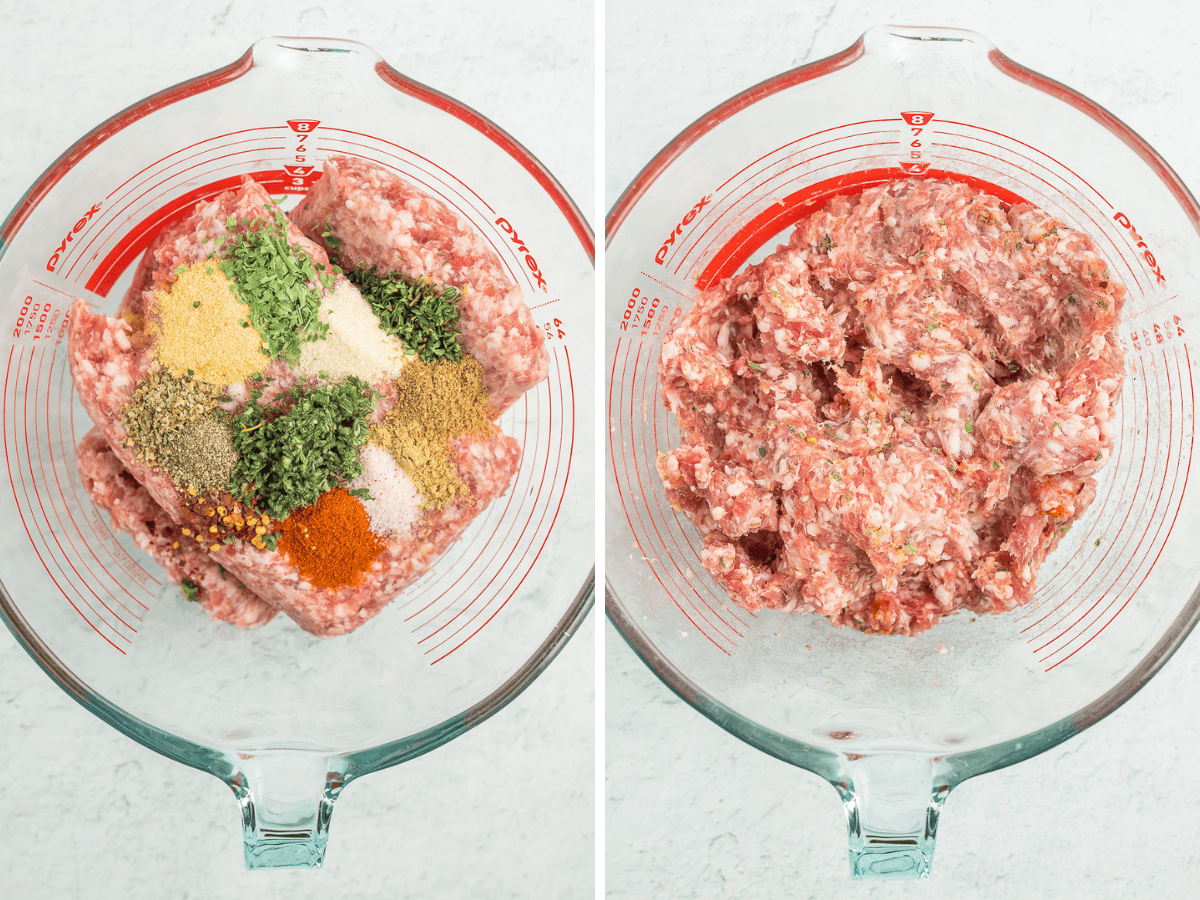 two photos showing minced pork and seasonings in bowls.