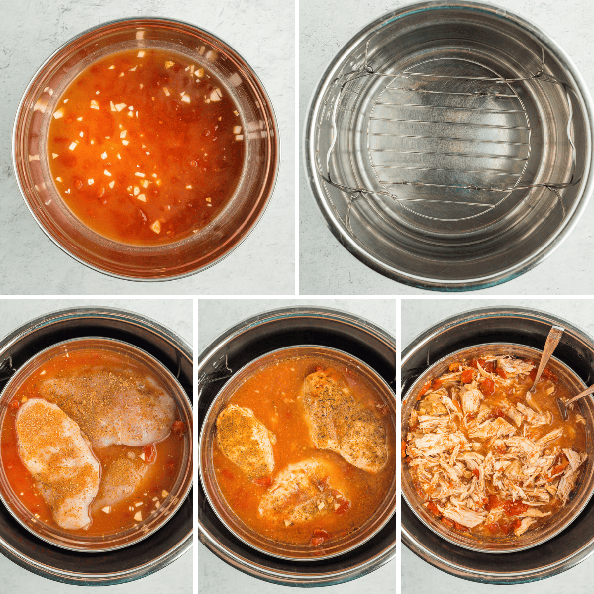 5 photos showing step by step how to make shredded chicken in a pressure cooker.