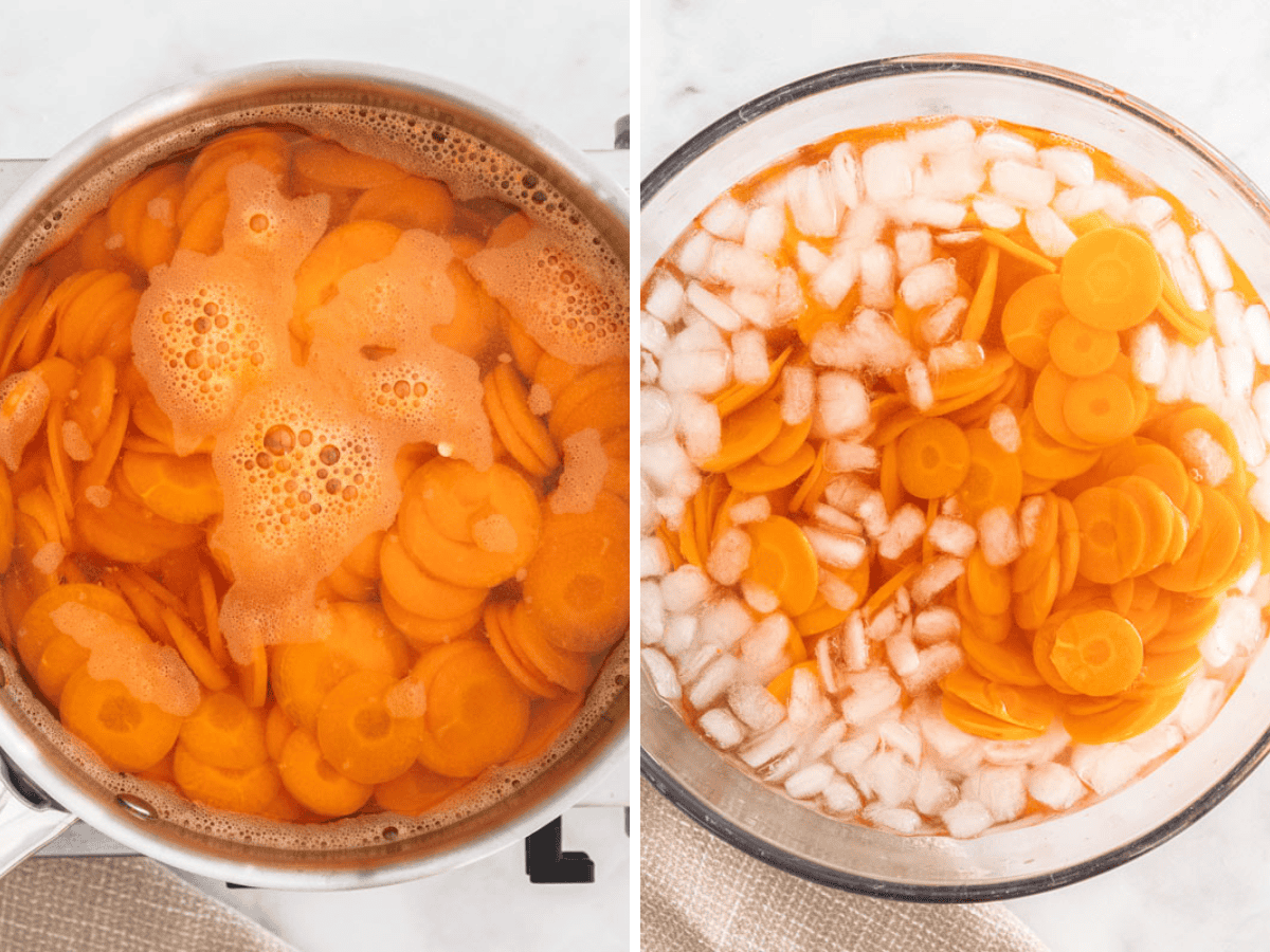 Two photos showing the process of blanching sliced carrots.