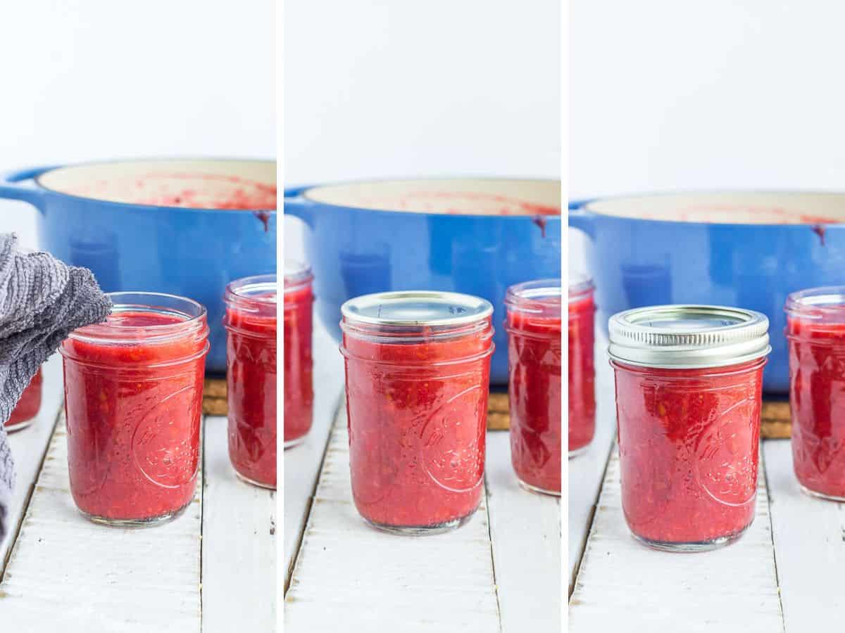 3 photos showing the process of putting jam in jars.