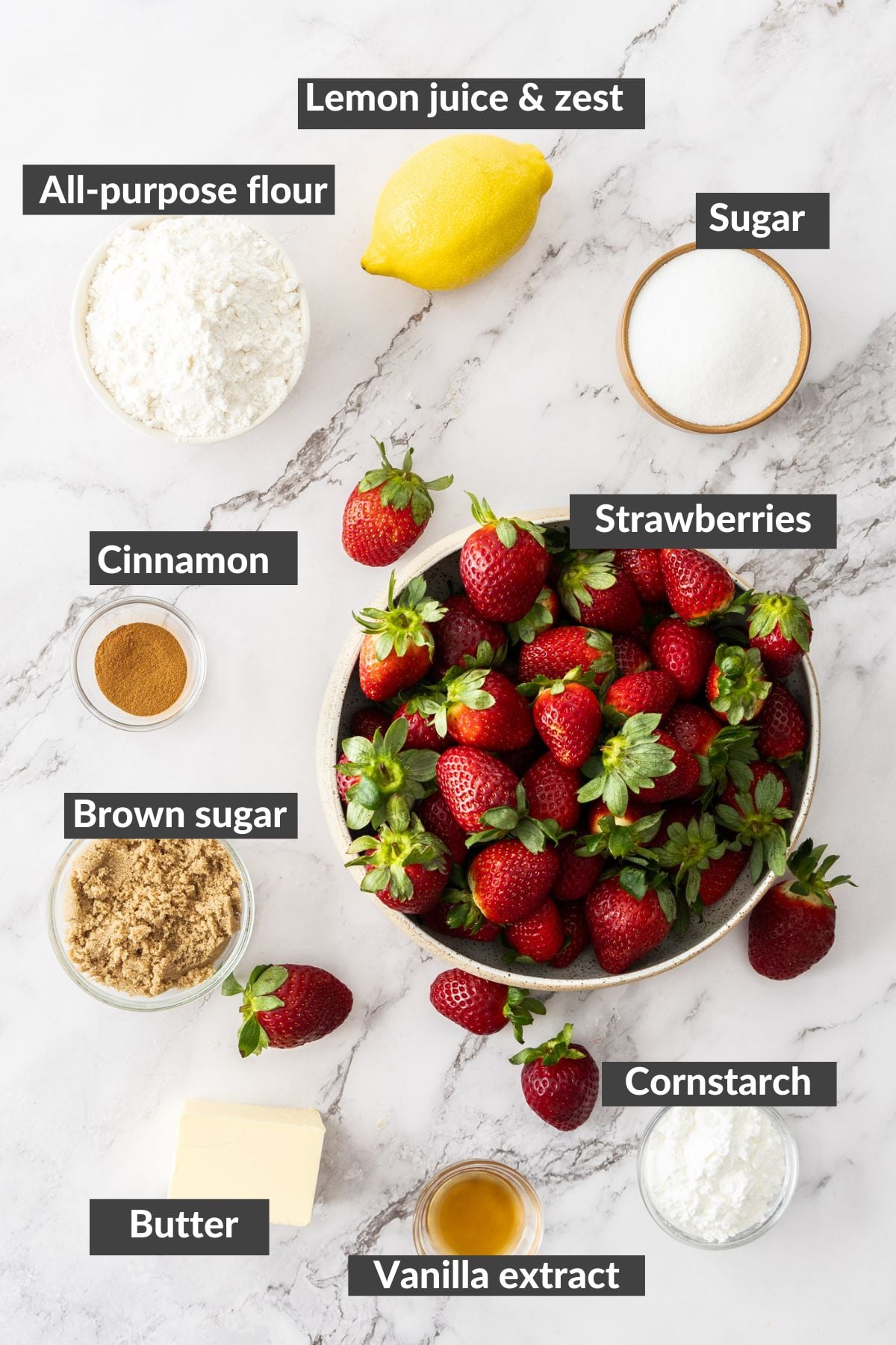 ingredients on a marbled board.