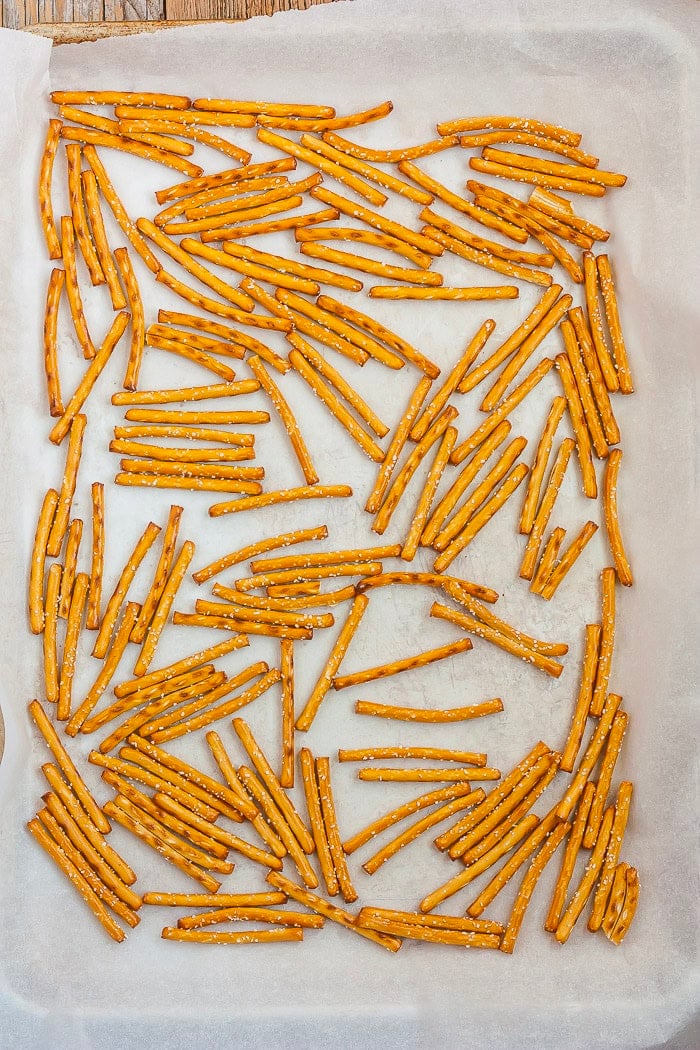 a baking sheet with pretzel sticks.
