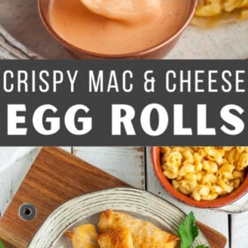 mac and cheese egg rolls on a beige plate.