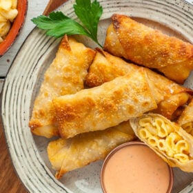 mac and cheese egg rolls on a beige plate.