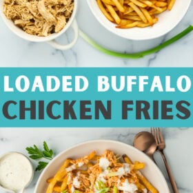 A white bowl with buffalo chicken fries with ranch drizzled over the top, and a small bowl of buffalo sauce.