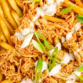 french fries topped with shredded buffalo chicken topped with ranch and sliced green onions.