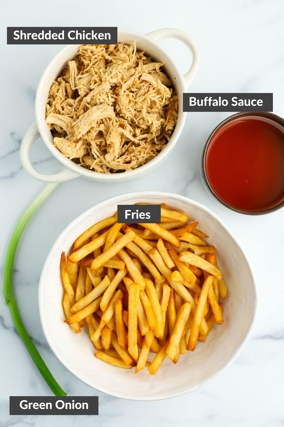 a bowl of fries, a bowl of shredded chicken, a bowl of hot sauce, and a green onion.