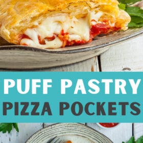 a homemade puff pastry pizza pocket on a plate on a white wooden board.