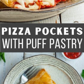 a homemade puff pastry pizza pocket on a plate on a white wooden board.