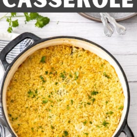 a large casserole dish with a broccoli chicken casserole.
