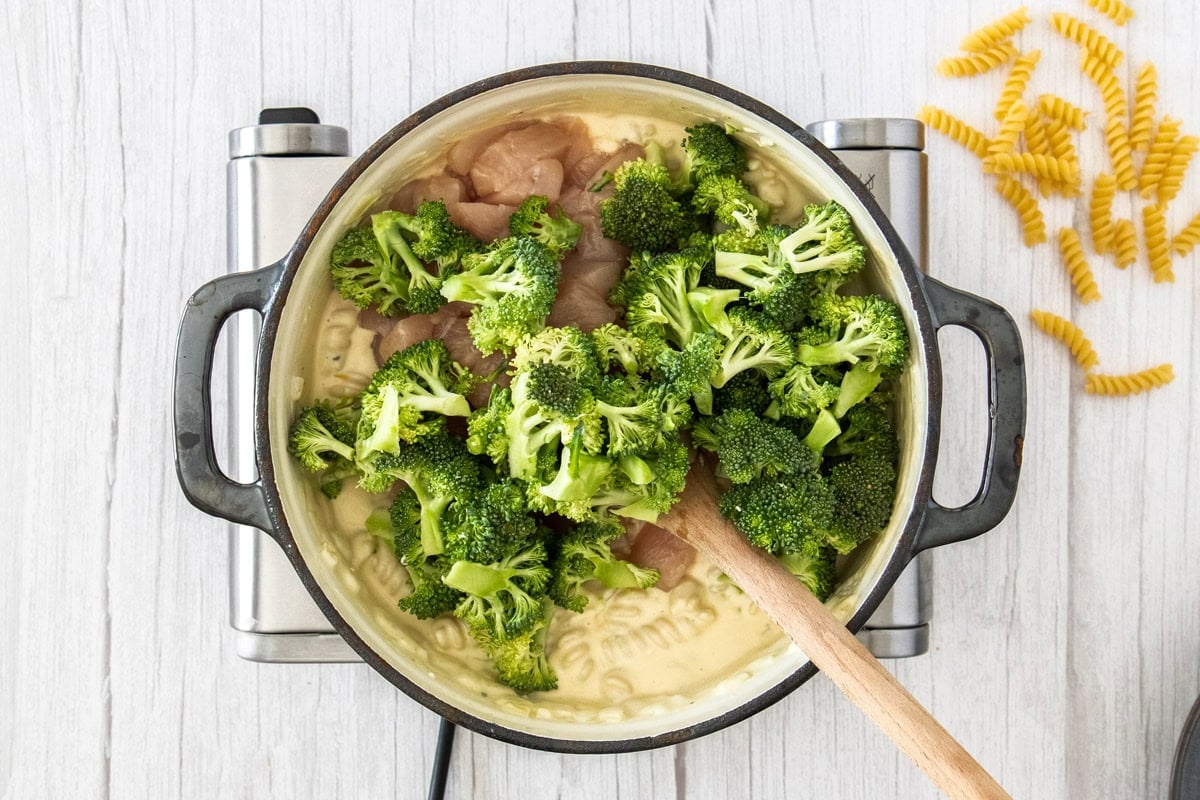 broccoli, chicken, and noodles in a Dutch oven.