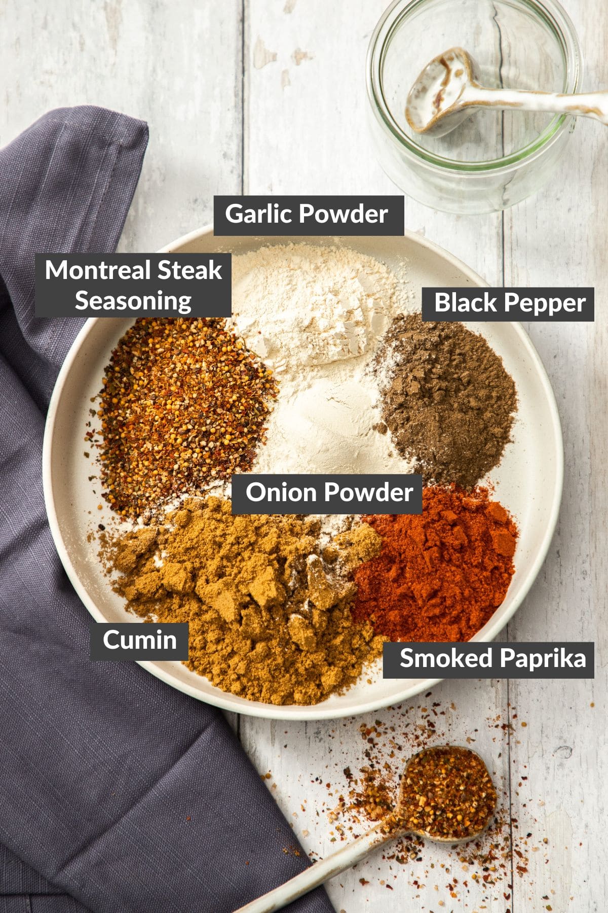 a white plate with various spices on it.