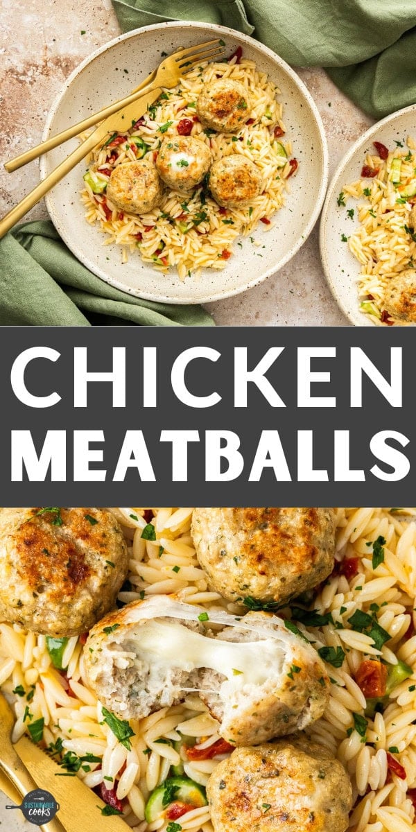 chicken meatballs topping a plate of orzo pasta with herbs.