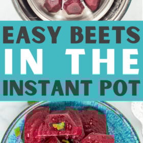 a teal plate with sliced beets topped with flaky sea salt and chopped parsley.