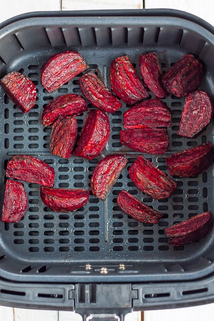 roasted beets in an air fryer basket.