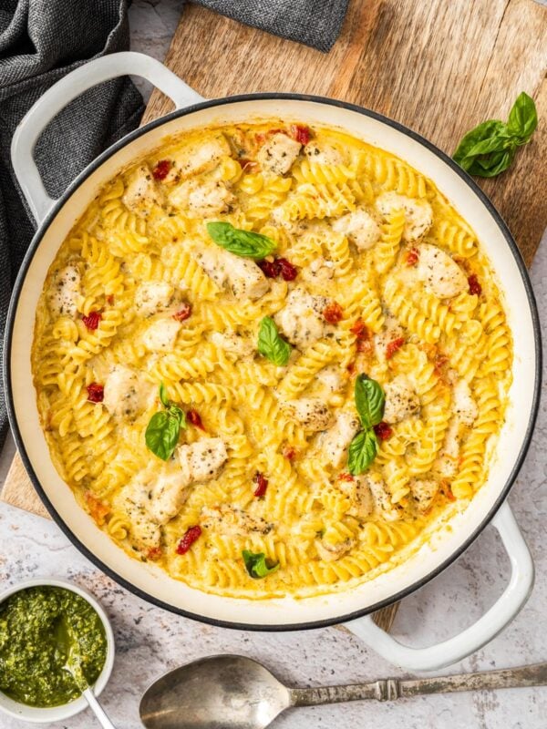 Marry me chicken casserole in a white skillet.