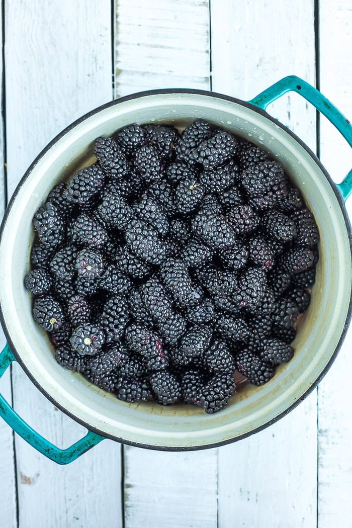 blackberries in a teal Dutch oven.