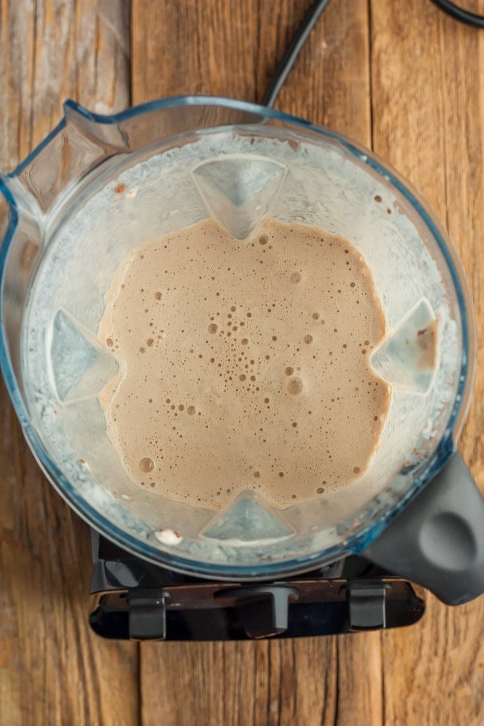 a blended coffee frappe in a blender.