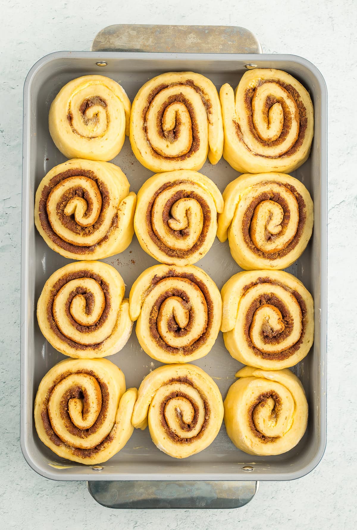 Proofed cinnamon rolls in a baking dish.