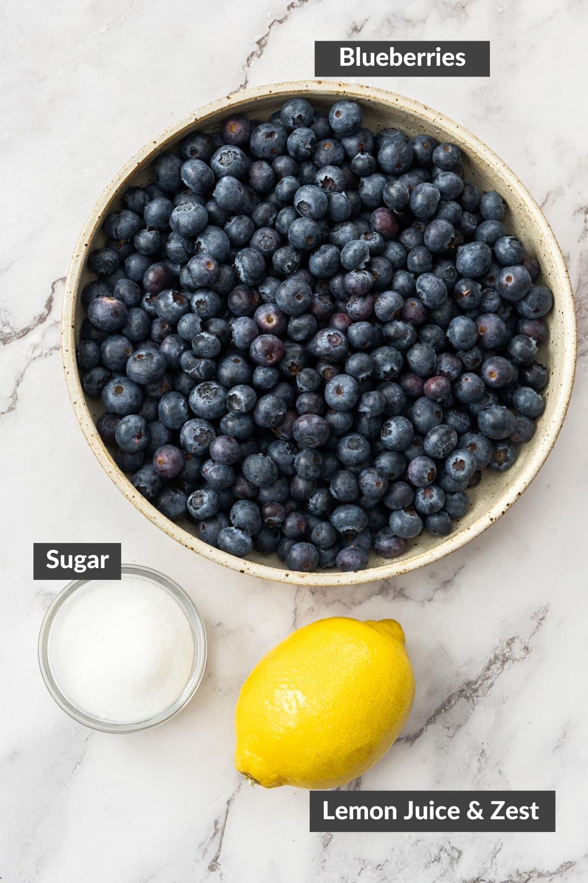 sugar, lemon, and a bowl of blueberries.