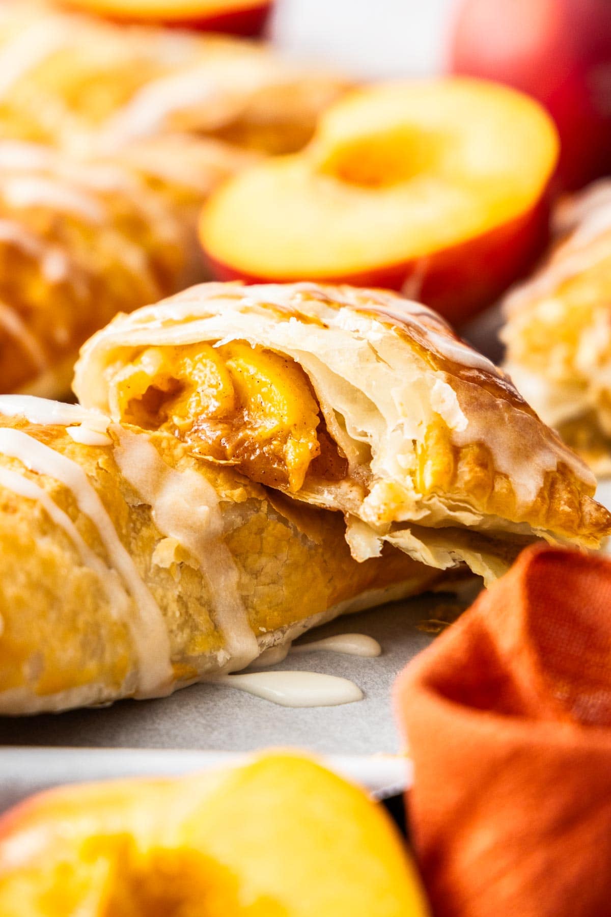 a side shot of the inside of a peach turnover.
