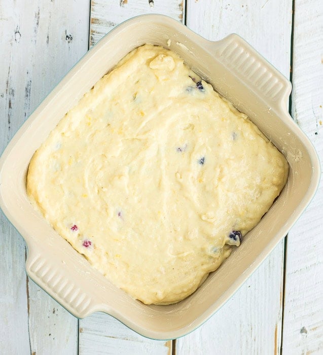unbaked batter in an 8x8 baking dish.
